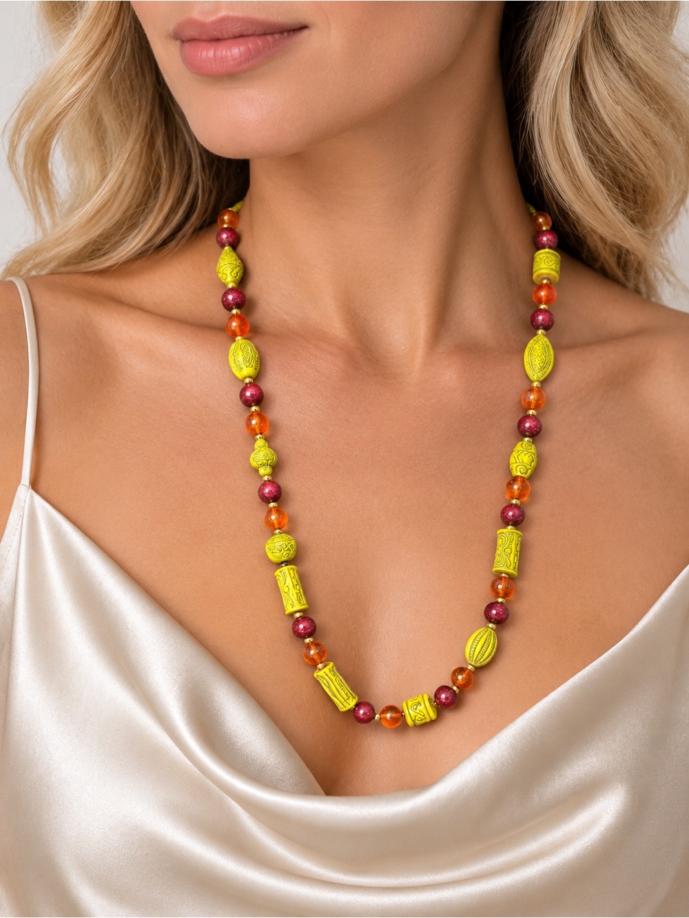 Vintage Italian Beaded Necklace Yellow Red Orange Statement Rare 26” Long